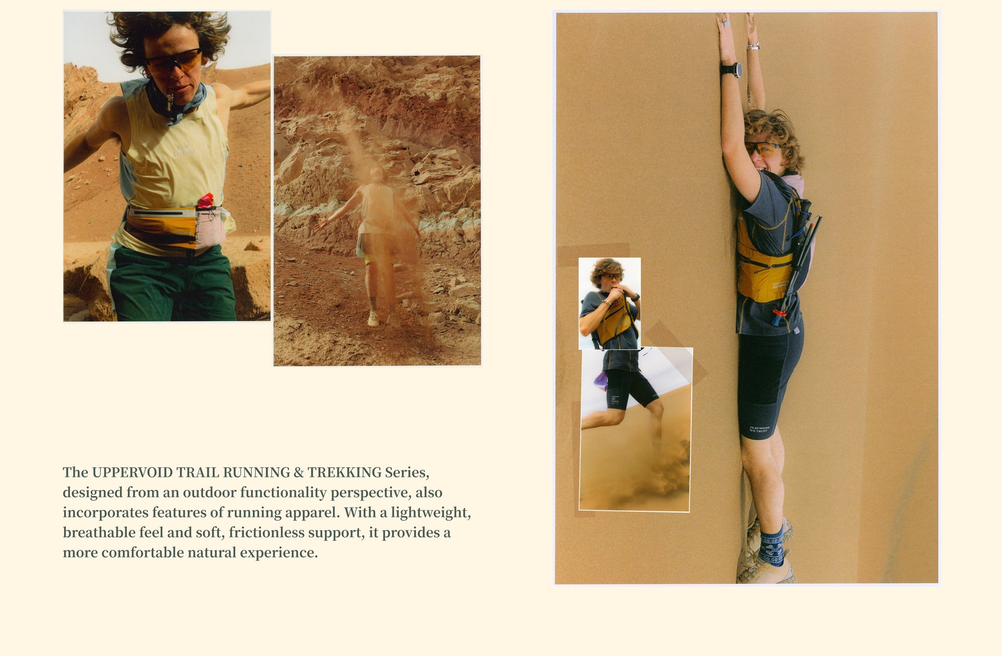 Model is running and playing in the desert while wearing the trail running 
 & trekking series clothing of UPPERVOID.